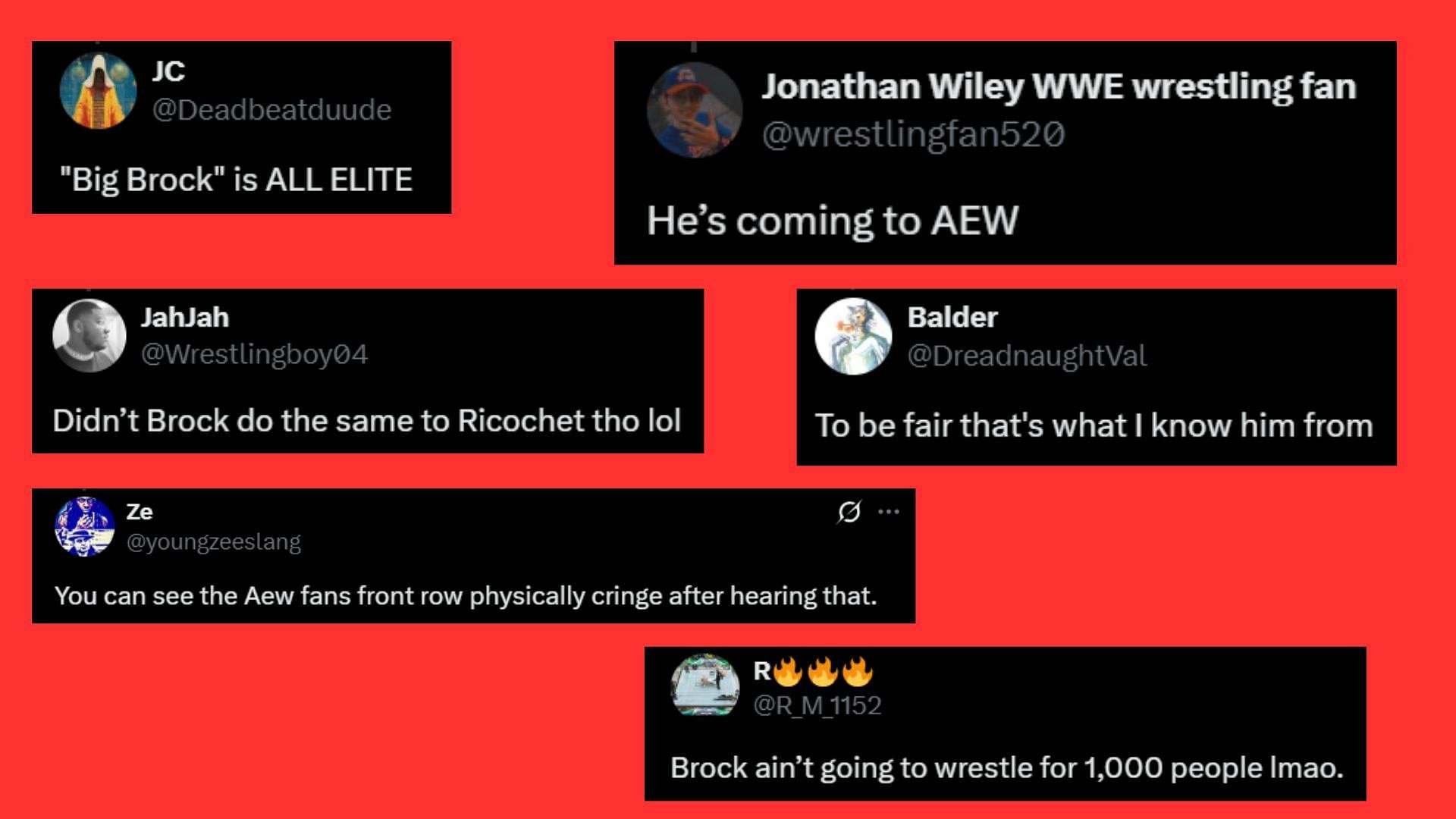 Fans reacting to a Brock Lesnar namedrop on AEW Collision [Credit: Fan posts on X]