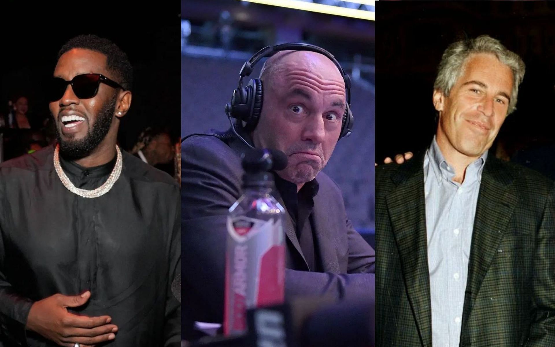 Joe Rogan (center) speculates if Diddy (left) is running a similar operation as Jeffery Epstein (right). [Images courtesy: Getty Images]