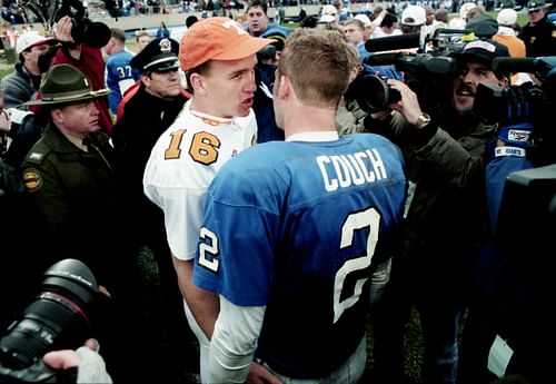 Kentucky's Tim Couch, here shaking hands with Arch Manning's uncle, Peyton Manning, had a massive hype following when he came to Kentucky. (Photo Credit: IMAGN)