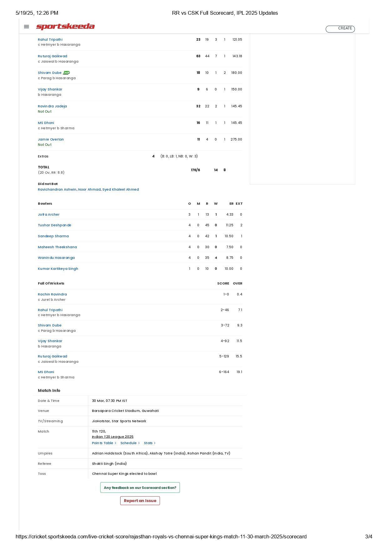 RR vs CSK IPL 2025 scorecard.