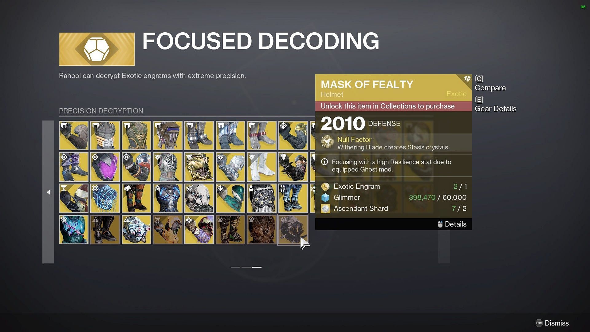 Mask of Fealty in Rahool&#039;s inventory of Destiny 2 (Image via Bungie)