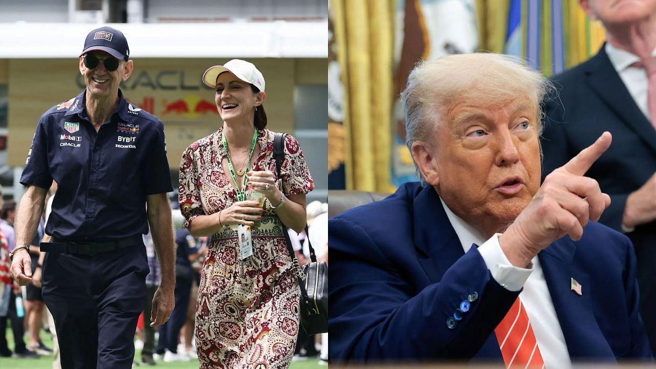 Adrian Newey and his wife Amanda [L] USA president Donald Trump[R] [Image Source: Getty]