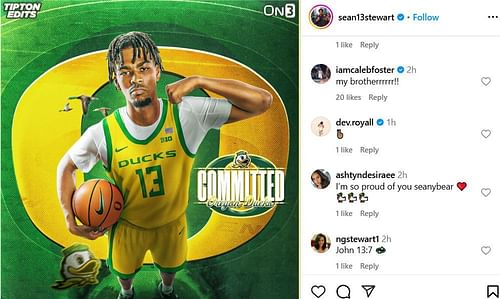 Caleb Foster reacts to Sean Stewart joining Oregon from transfer portal on IG. Image via @sean13stewart