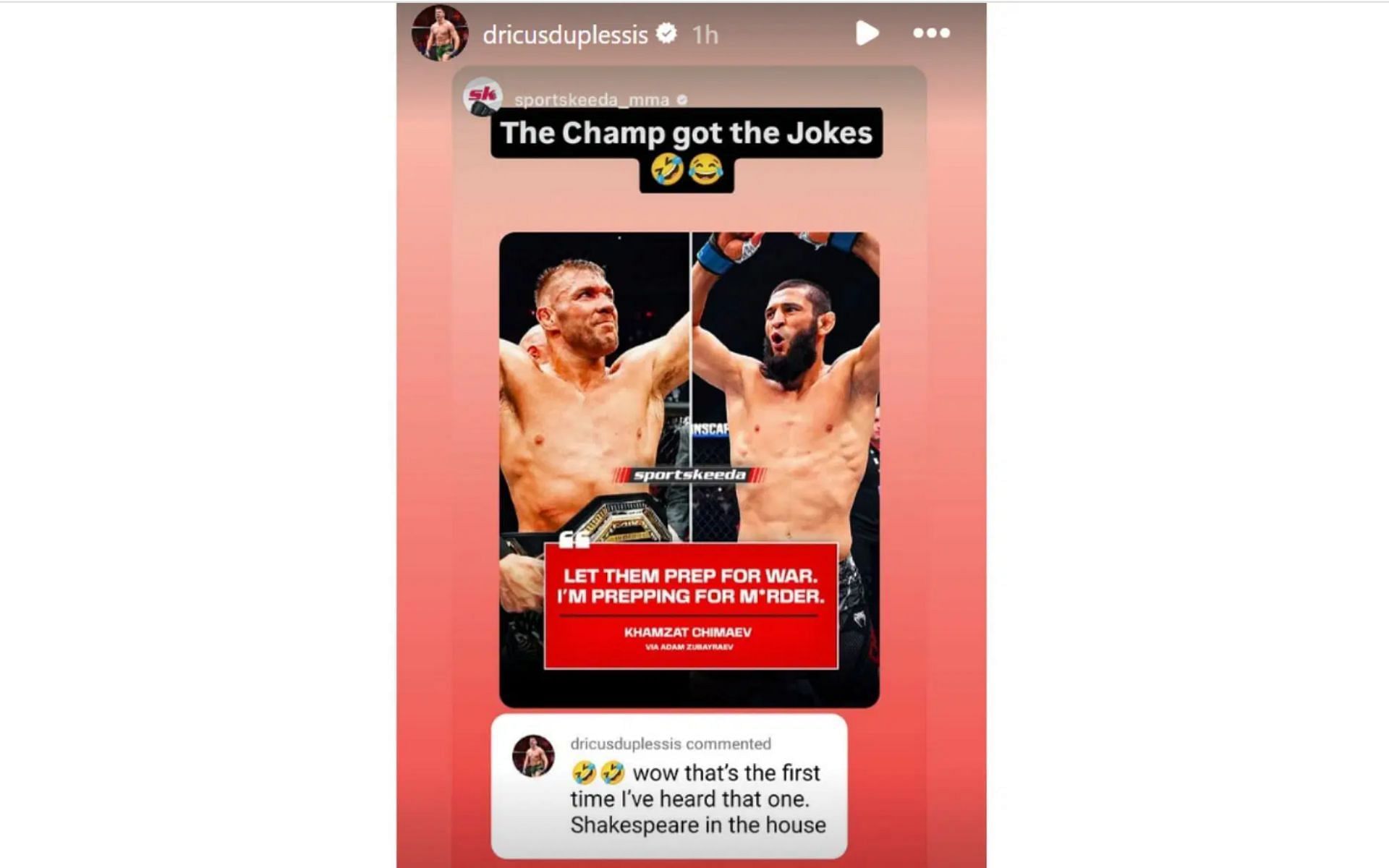 Dricus du Plessis responds to Khamzat Chimaev&#039;s comments [Image courtesy: @dricusduplessis on Instagram]