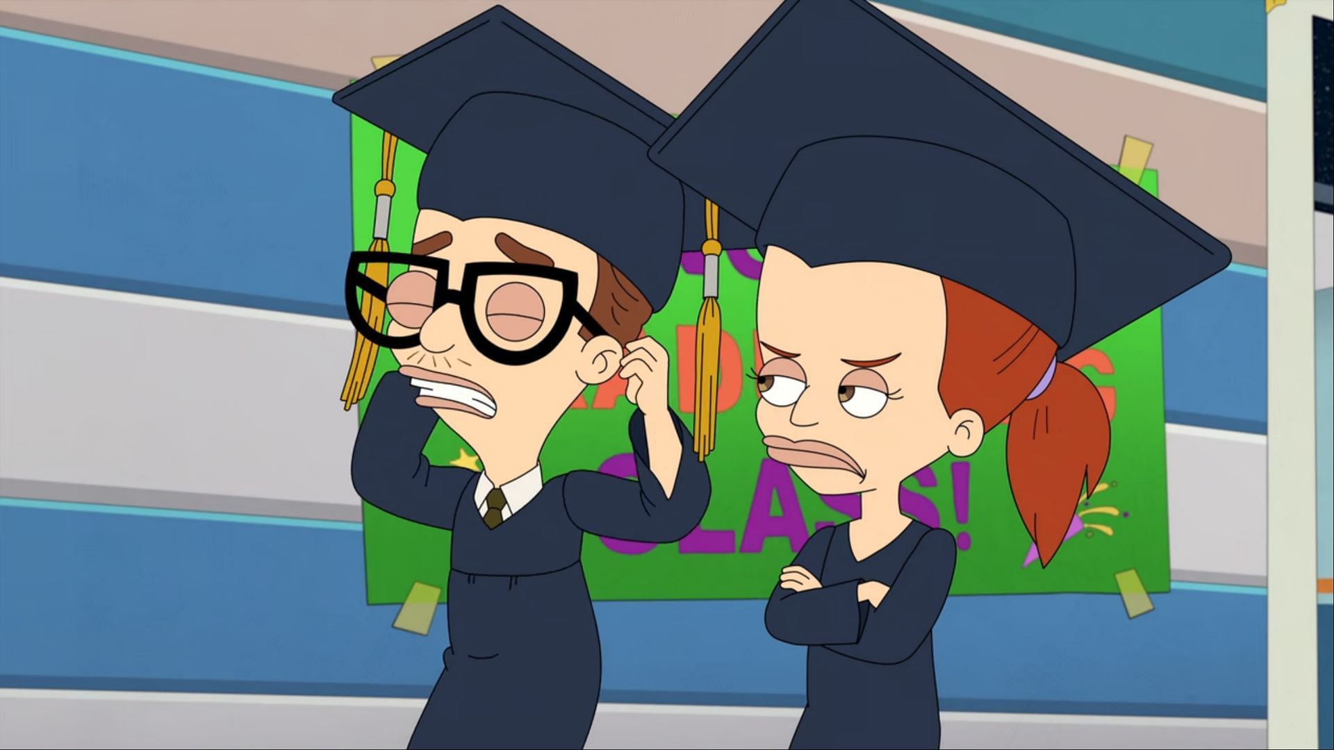 Andrew and Jessi react nervously during their eighth-grade graduation ceremony, marking the end of their middle school journey. (Image via Netflix)