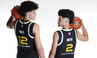 McDonald's High School All Americans Cameron Boozer (12) and his twin brother Cayden (2) pose for a photo during a photo shoot at the New York Marriott at the Brooklyn Bridge on March 28, 2025. Photo: Getty