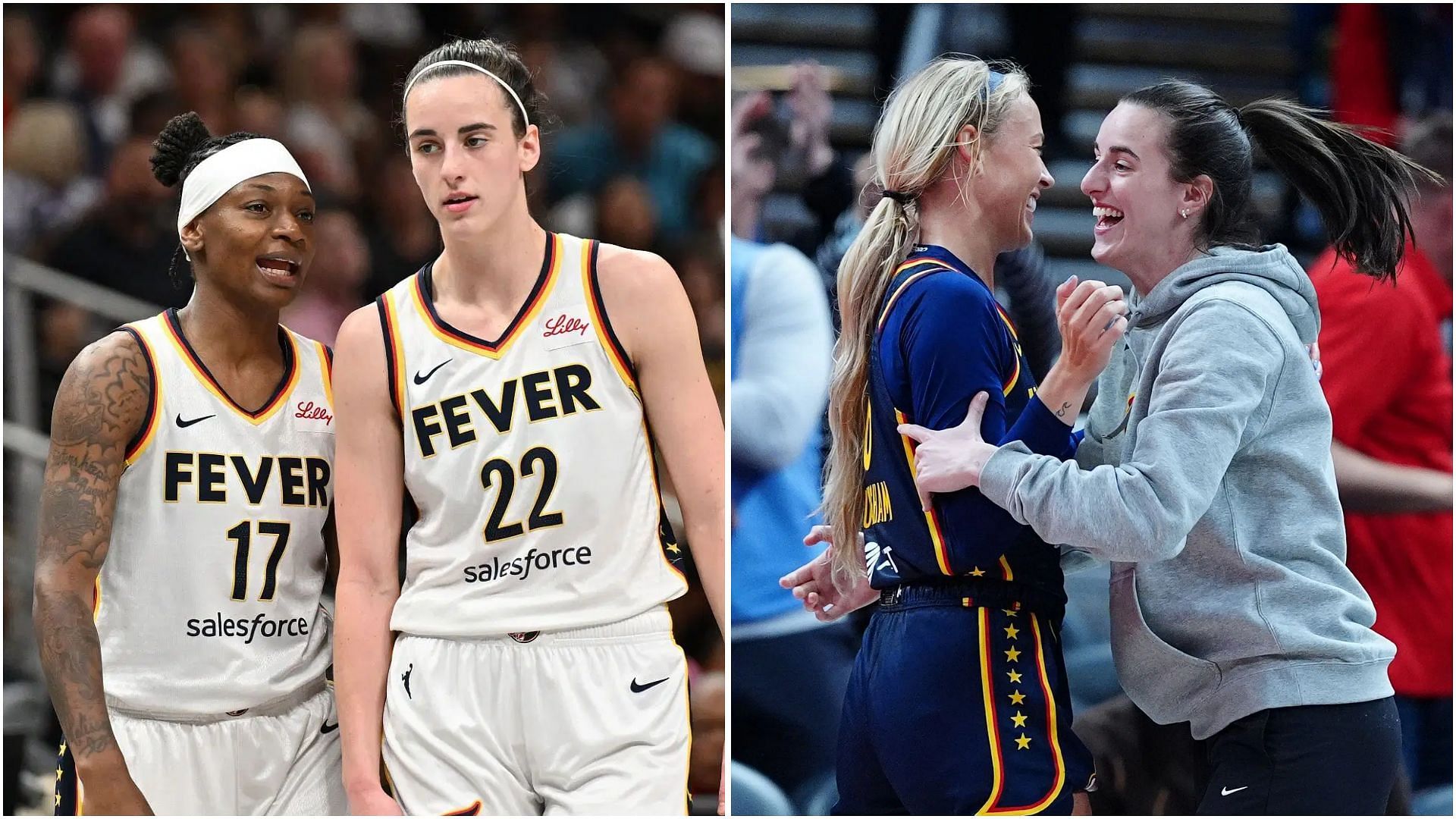 Fever fans lose it after Caitlin Clark barks at official and Sophie Cunningham rushes in. (Photos: GETTY)