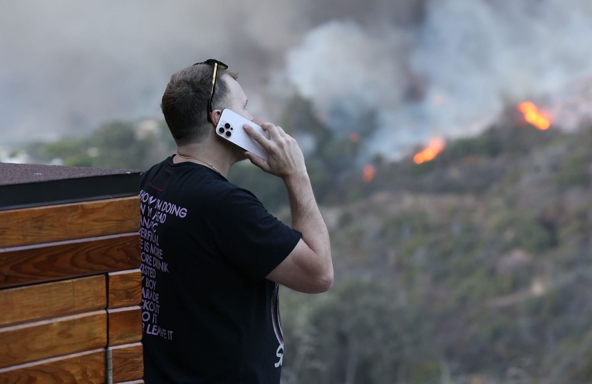 Spencer Pratt is seen watching the wildfire as it approaches his house on January 7, 2025, in Pacific Palisades, California (Image via Getty)