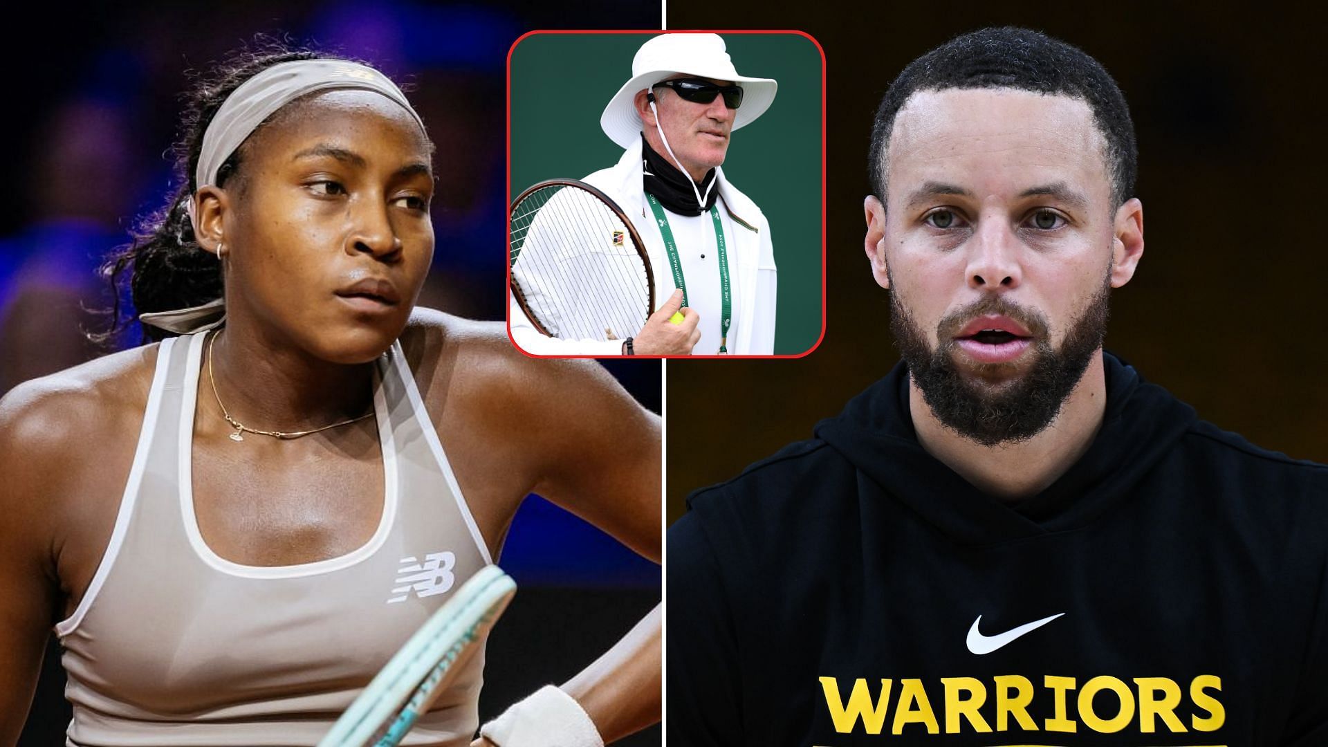 Coco Gauff (L); Brad Gilbert (Inset); Stephen Curry (R) - Source: Getty 