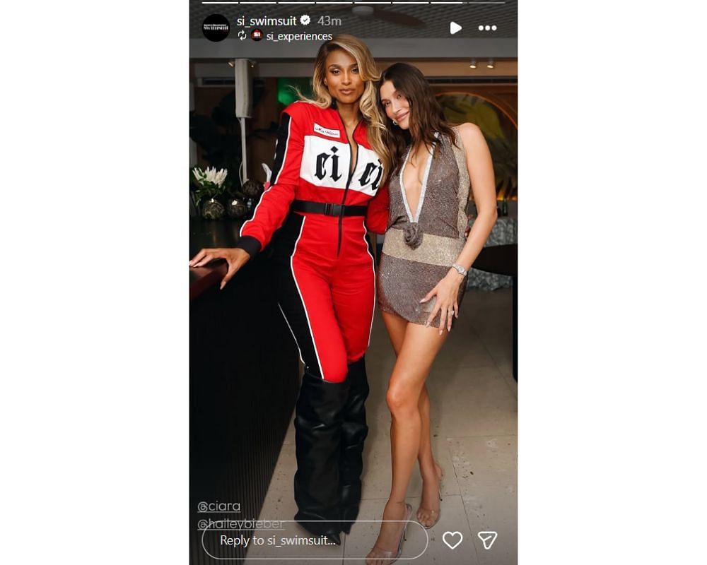 Russell Wilson&#039;s wife Ciara poses with Hailey Bieber in a racer-inspired red outfit at SI&#039;s Miami F1 party [IG/@si_swimsuit]