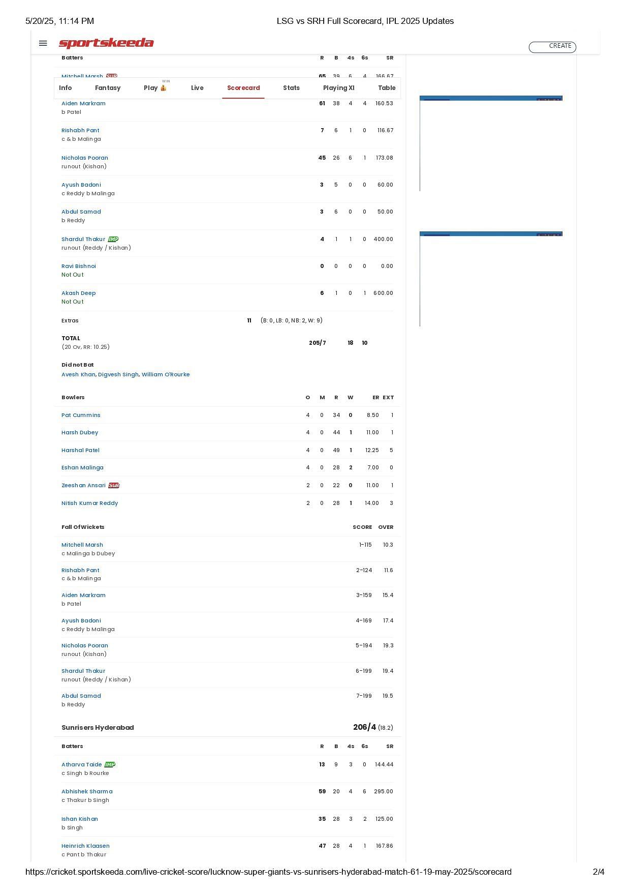 LSG vs SRH 2025 scorecard.