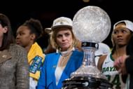 Baylor head coach Kim Mulkey looks at the Coach's Trophy after winning the NCAA Division I Women's National Championship Game against the Notre Dame Fighting Irish on April 07, 2019, at Amalie Arena in Tampa, Florida. Photo: Getty