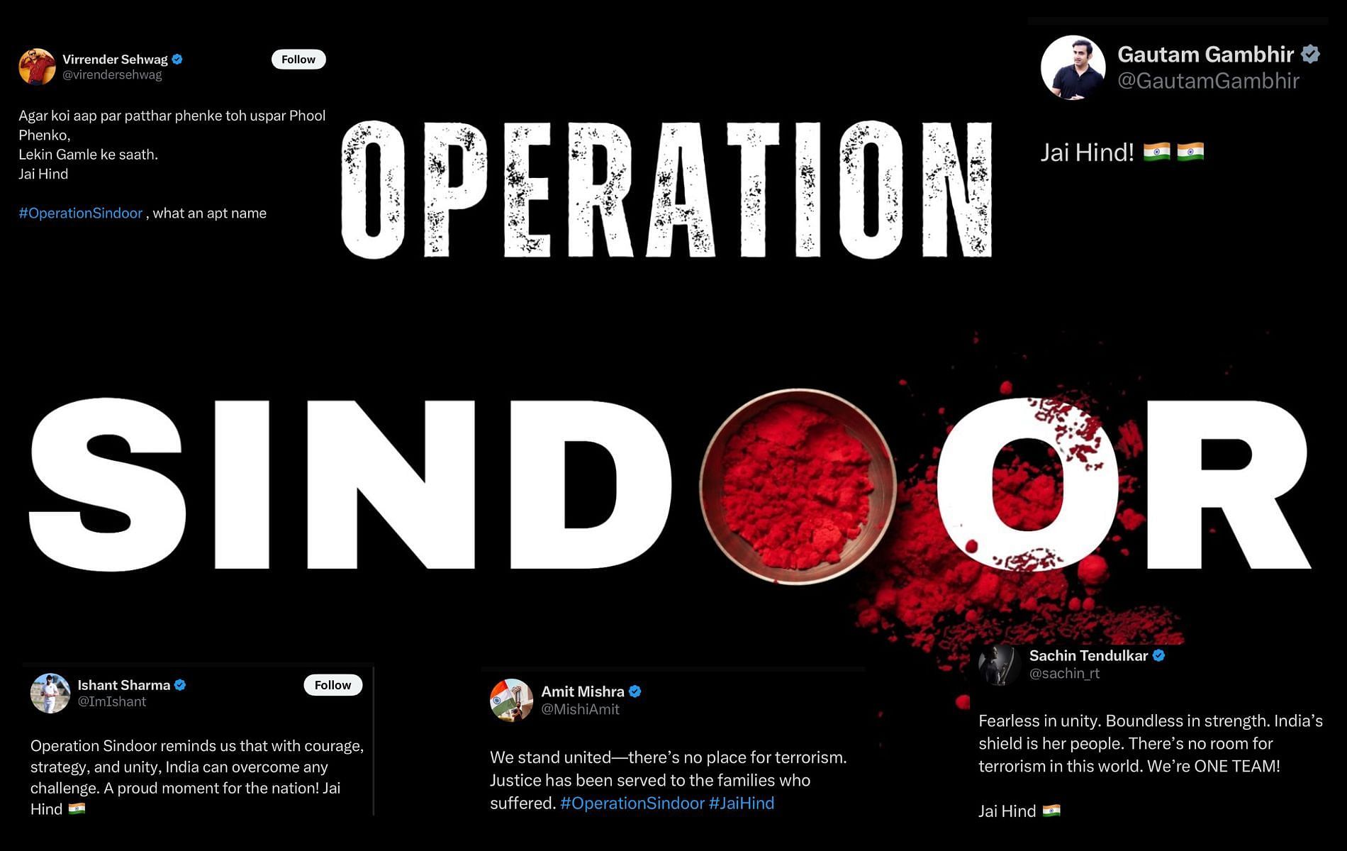 Several former and current cricketers praised the Indian armed forces for carrying on Operation Sindoor. (Pics: X/@adgpi/@sachin_rt/@virendersehwag/@ImIshant/@GautamGambhir/@MishiAmit).