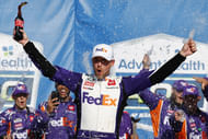 NASCAR Cup Series driver Denny Hamlin (11) reacts after winning the AdventHealth 400 at Kansas Speedway, May 7th 2023 - Source: Imagn