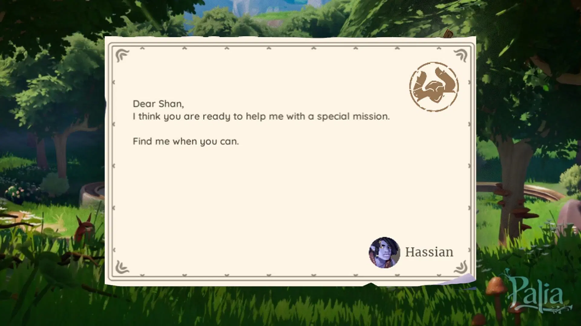 You&rsquo;ll receive Plumehound Pilgrimage via a mysterious letter from Hassian (Image via Singularity 6)