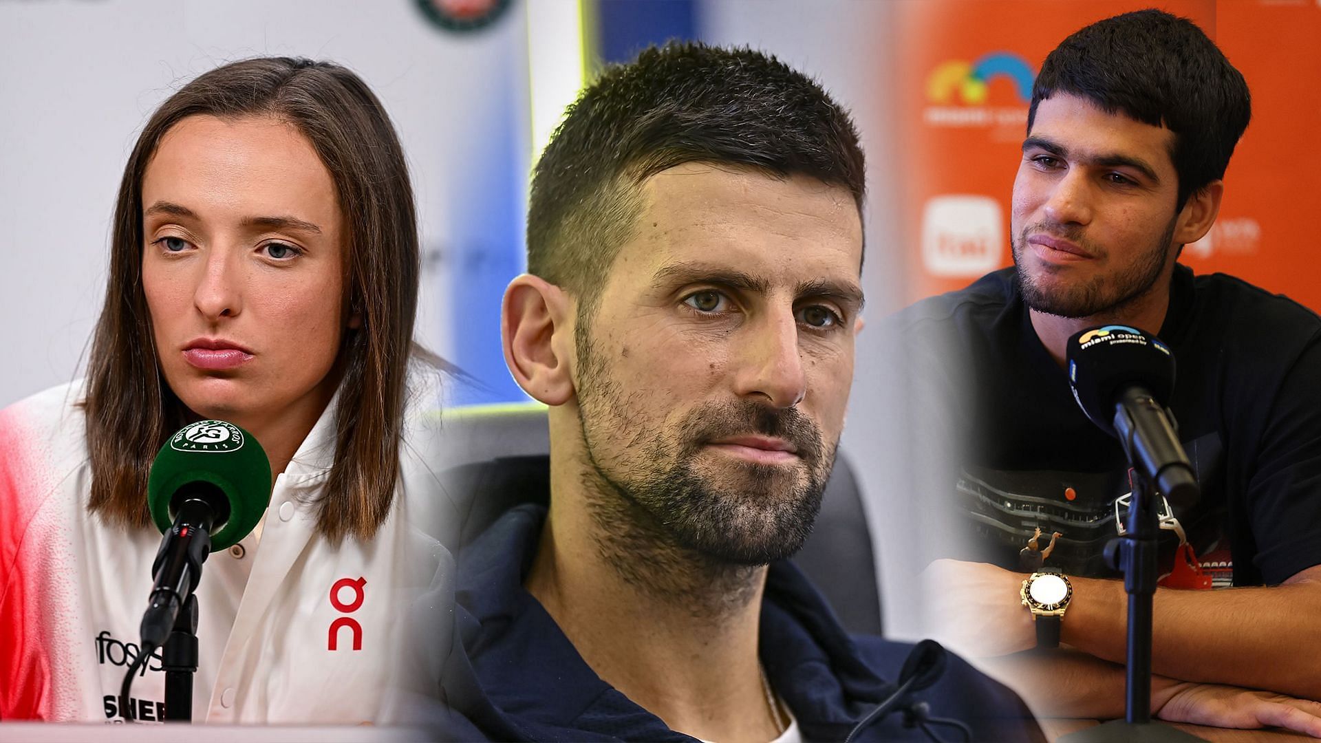 From L-R: Iga Swiatek, Novak Djokovic and Carlos Alcaraz. (Photos: Getty)