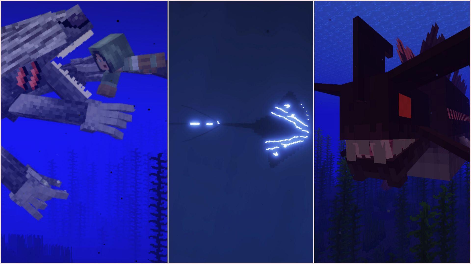 There are many ocean horror mods for Minecraft (Image via CurseForge/Zcoper || CurseForge/YeOldeDingus || CurseForge/AzureDoomC)