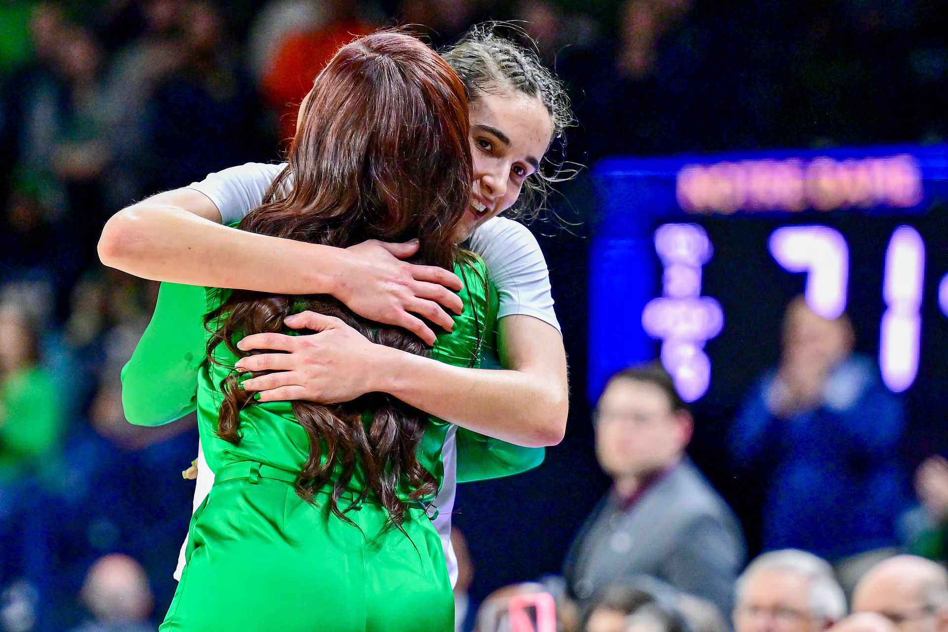 Notre Dame Fighting Irish head coach Niele Ivey hugs guard Sonia Citron (#11) against the Ole Miss Rebels in the 2025 NCAA Tournament. Photo: Imagn