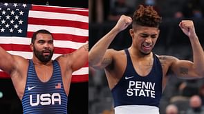 Gable Steveson reacts to Roman Bravo-Young's victory at the Pan-Am Championships
