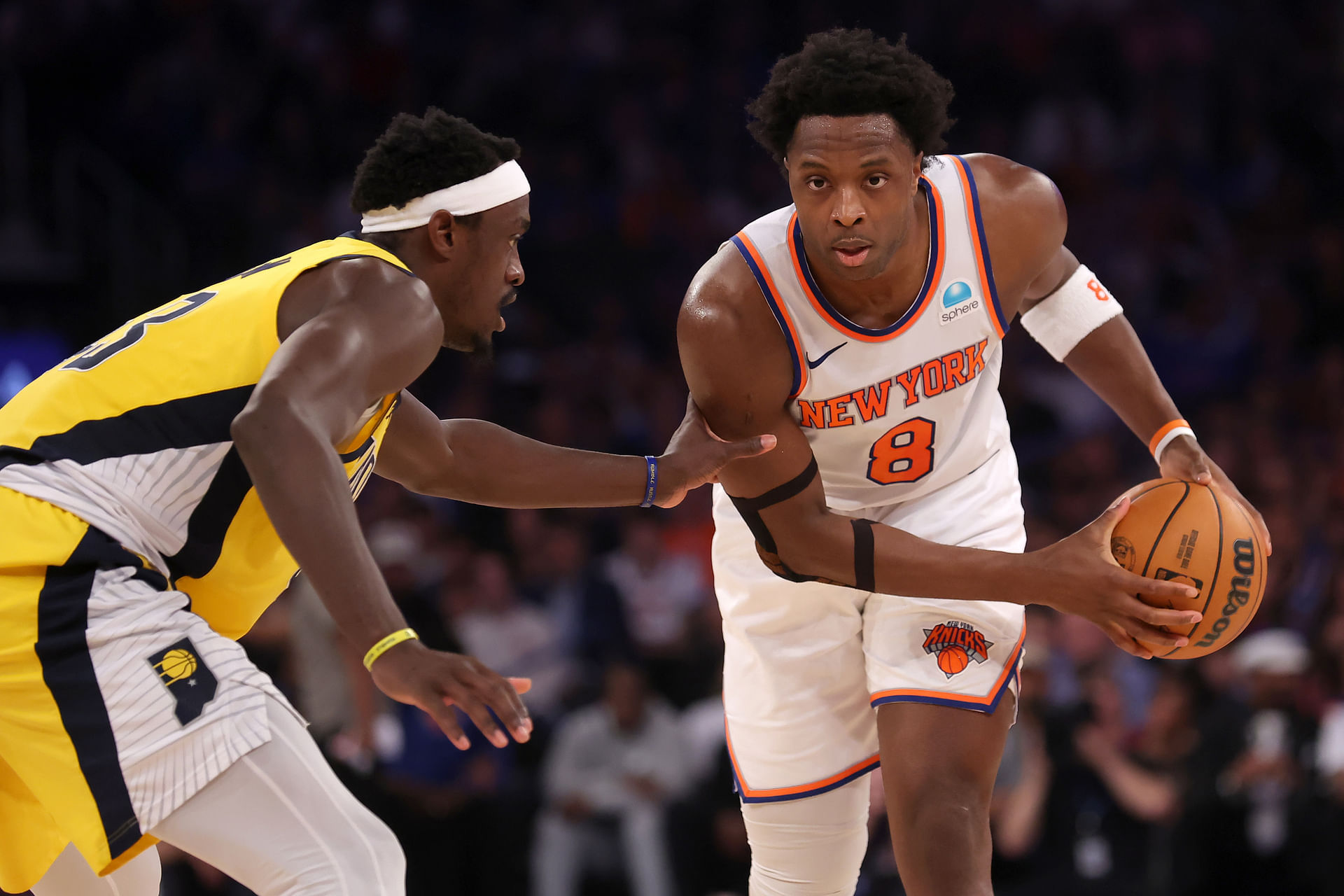 May 6, 2024; New York, New York, USA; New York Knicks forward OG Anunoby (8) controls the ball against Indiana Pacers forward Pascal Siakam (43) during the second quarter of game one of the second round of the 2024 NBA playoffs at Madison Square Garden. Mandatory Credit: Brad Penner-Imagn Images - Source: Imagn