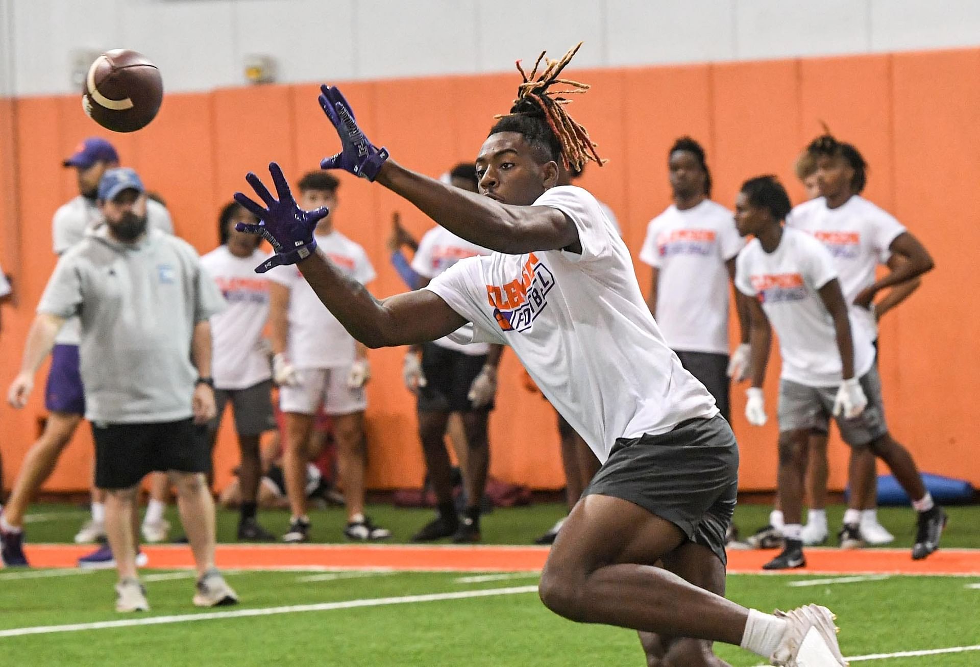 Cederian Morgan, Class of 2026 wide receiver of Benjamin Russell High school in Alexander City, Alabama, catches a ball during the 2024 Dabo Swinney Football Camp in Clemson in Clemson June 5, 2024. Morgan, 38th overall ranked in the ESPN300 2026 recruiting ranking list, announced on social media X (formerly known as Twitter) Clemson offered him June 5, 2024. - Source: Imagn