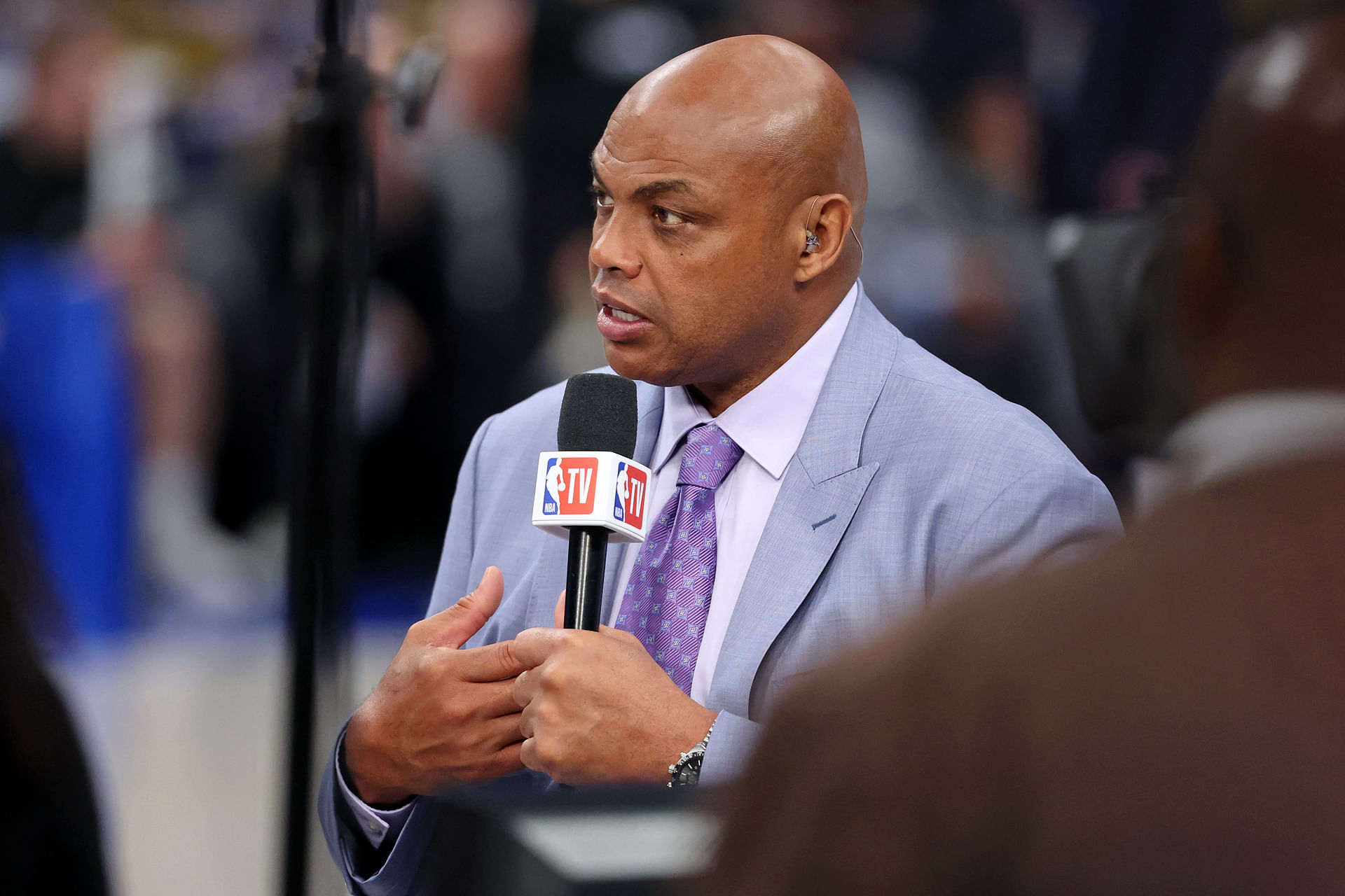 Jun 12, 2024; Dallas, Texas, USA; NBA TV analyst Charles Barkley talks on set before game three of the 2024 NBA Finals between the Boston Celtics and the Dallas Mavericks at American Airlines Center. Mandatory Credit: Kevin Jairaj-Imagn Images - Source: Imagn