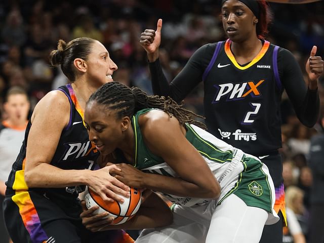 Phoenix Mercury guard Diana Taurasi (3) fights with Seattle Storm forwards Nneka Ogwumike (3) for the ball on Sept. 19, 2024 at Footprint Center in Phoenix. - Source: Imagn