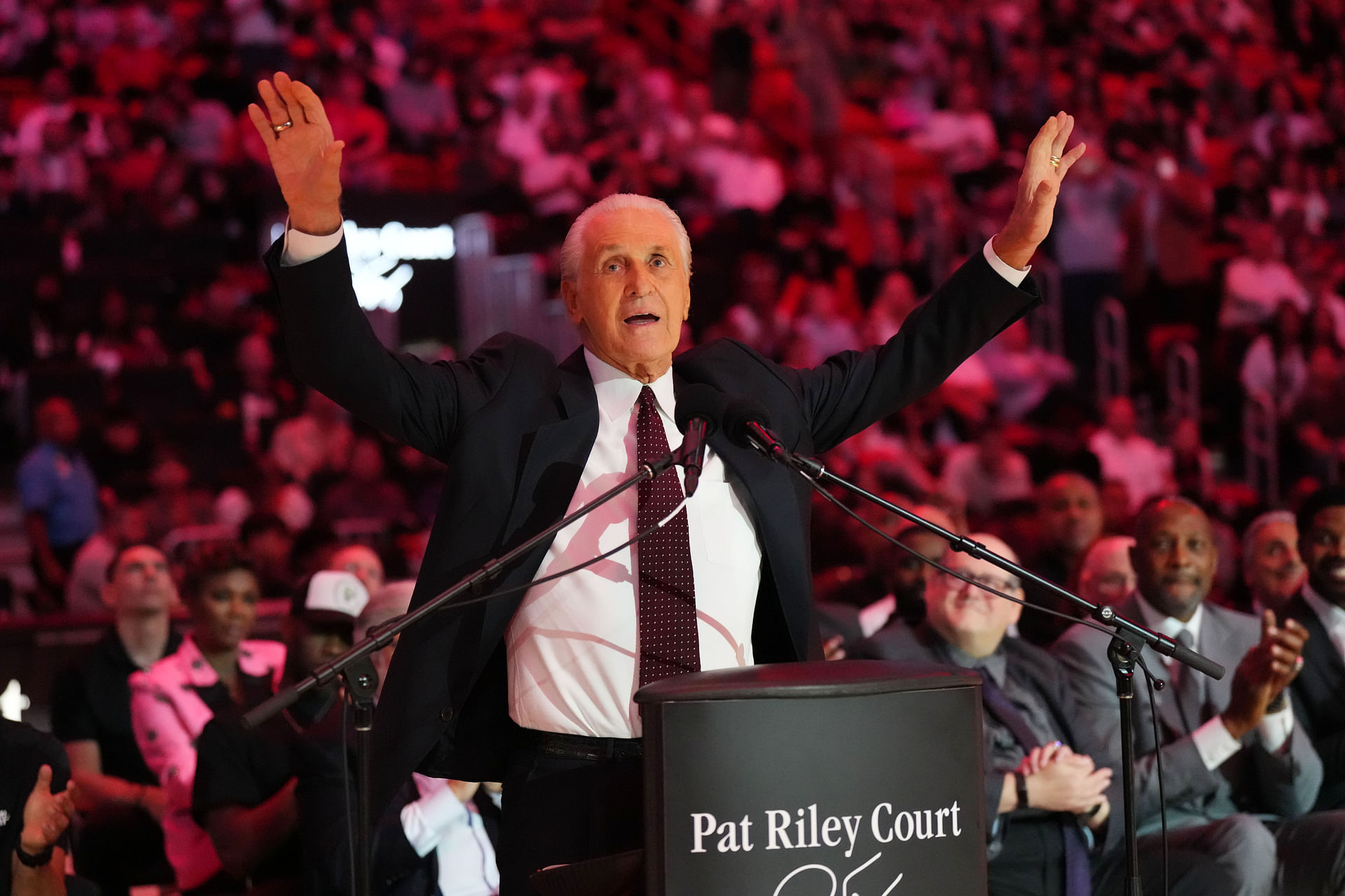Oct 23, 2024; Miami, Florida, USA; Miami Heat president Pat Riley addresses the crowd during the Pat Riley Court dedication ceremony at halftime at Kaseya Center. Mandatory Credit: Jim Rassol-Imagn Images - Source: Imagn