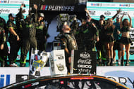 Cup Series driver Tyler Reddick (45) celebrates the Straight Talk Wireless 400. Source: Imagn