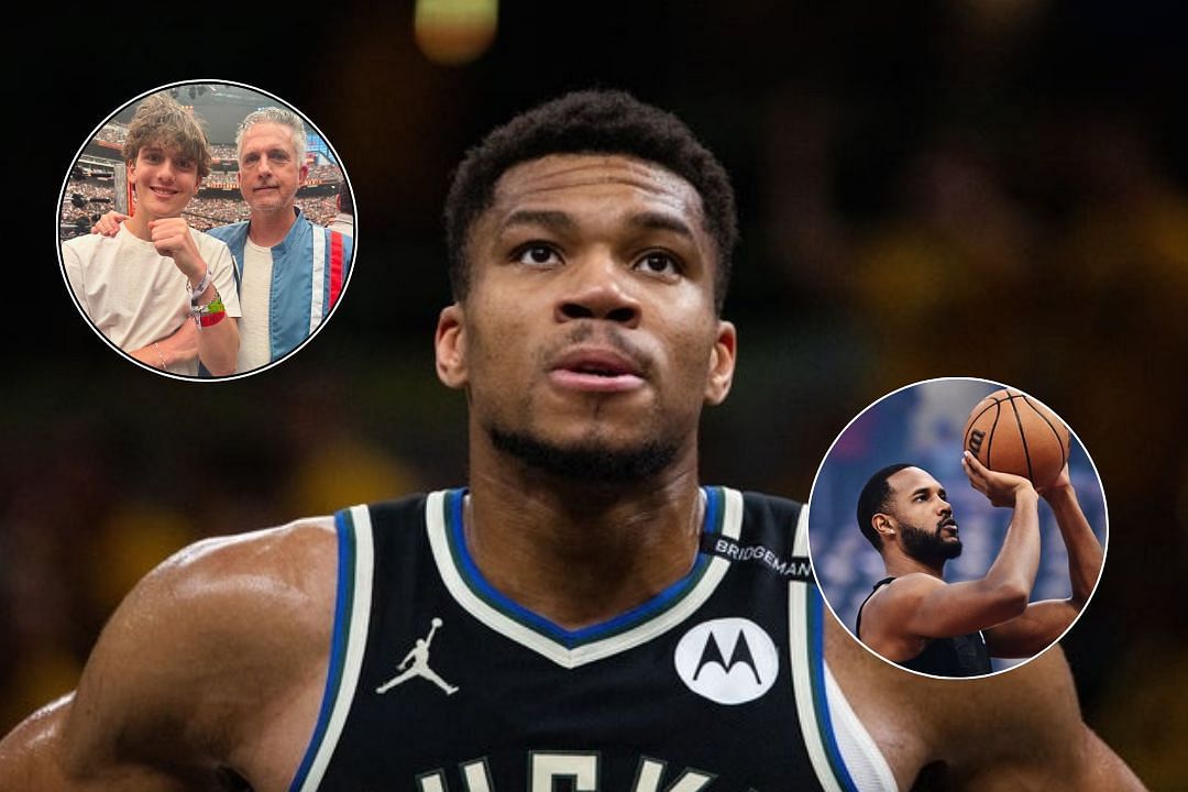Bill Simmons with his son at Wrestlemani, Giannis Antetokounmpo during an NBA playoff game, Evan Mobley warms up during a playoffs game