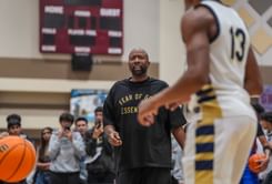Shaq’s son Shaqir O’Neal reacts as Kenny Smith’s son Malloy Smith buries impressive poster dunk