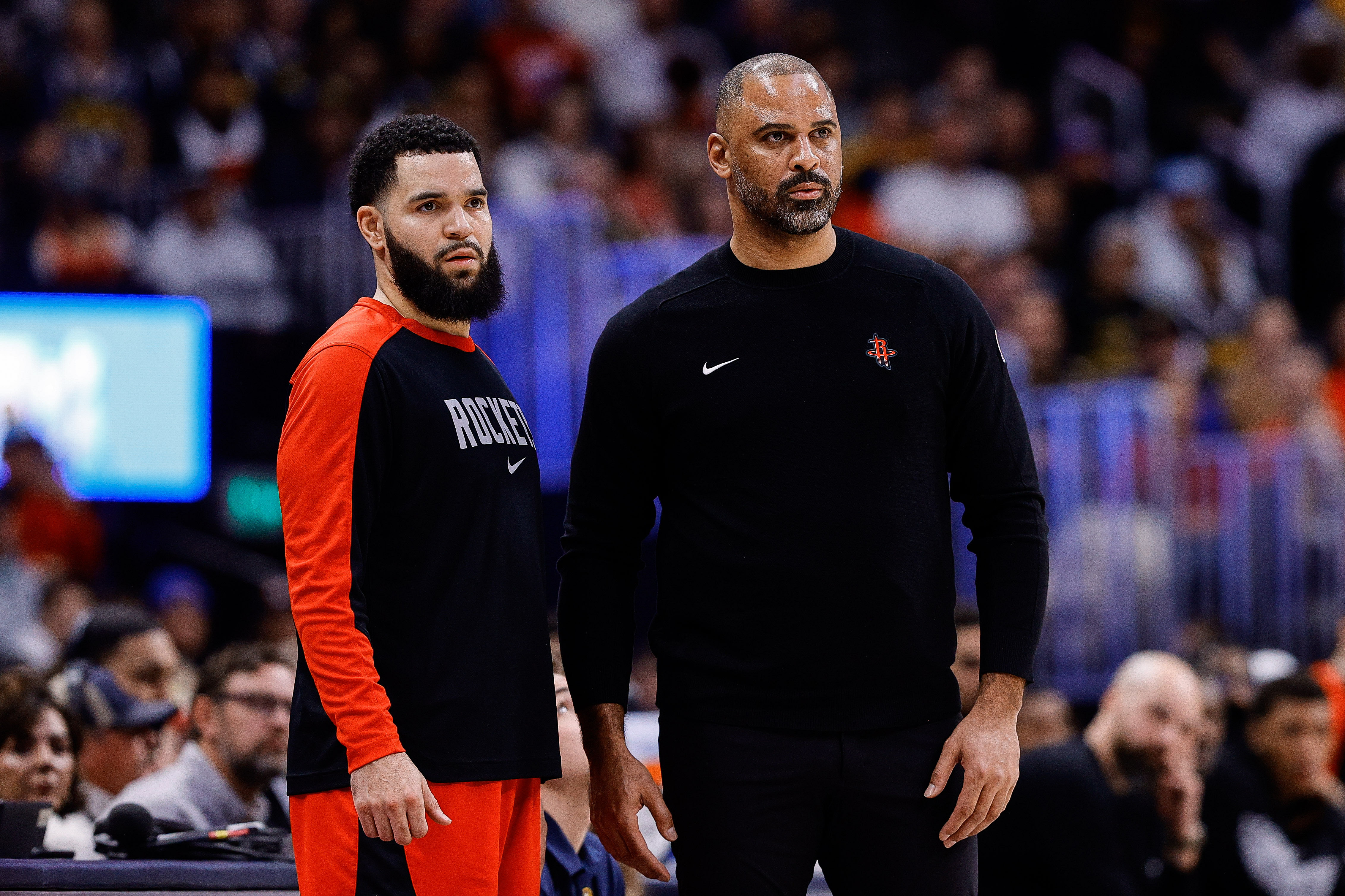 Jan 15, 2025; Denver, Colorado, USA; Houston Rockets guard Fred VanVleet (5) and head coach Ime Udoka look on in the second quarter against the Denver Nuggets at Ball Arena. Mandatory Credit: Isaiah J. Downing-Imagn Images - Source: Imagn