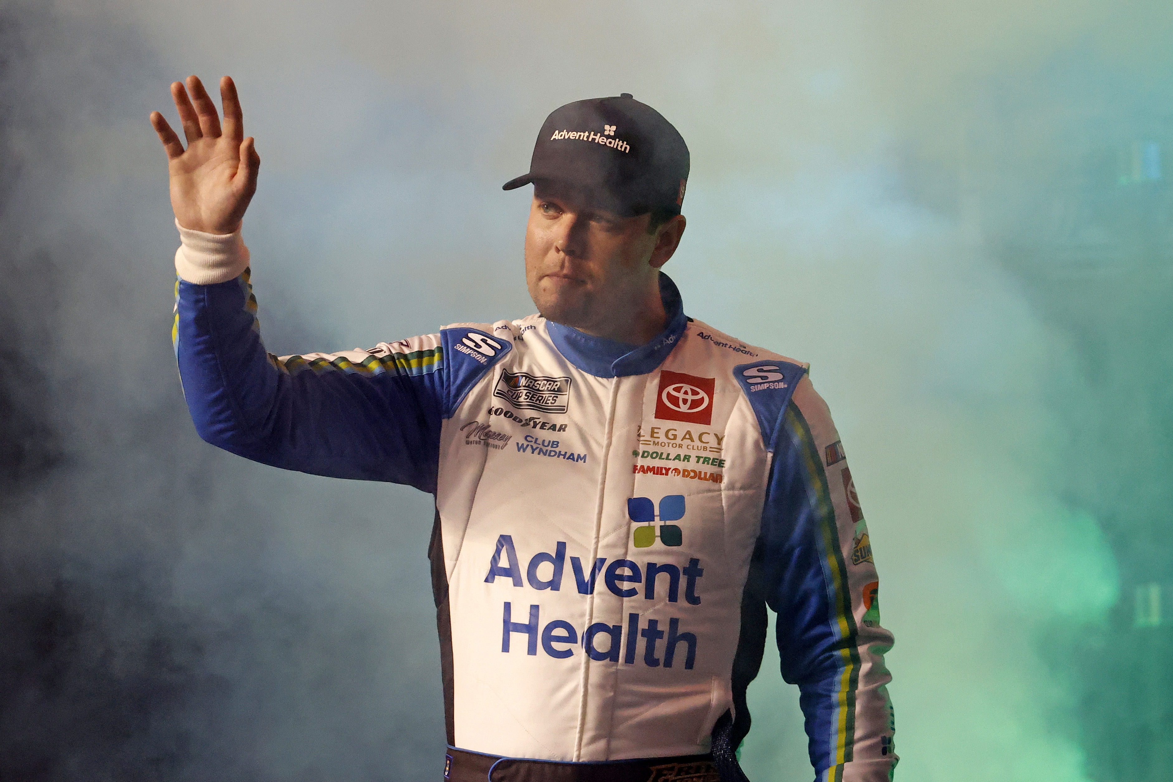 Feb 13, 2025; Daytona Beach, Florida, USA; NASCAR Cup Series driver Erik Jones (43) during driver introductions for the Duels at Daytona International Speedway. Mandatory Credit: Peter Casey-Imagn Images - Source: Imagn