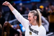 Iowa Hawkeyes guard Callie Levin (#32) celebrates from the bench in their first-round game against the Wisconsin Badgers in the 2025 TIAA Big Ten Women's Basketball Tournament at Gainbridge Fieldhouse in Indianapolis. Photo: Imagn
