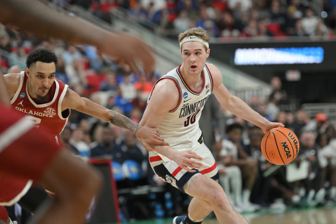 BYU commit Robert Wright reacts to Liam McNeeley's highlight reel from UConn career ahead of the NBA draft