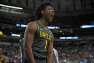 Baylor Bears guard Robert Wright III (#1) reacts after a basket during the first half against the Duke Blue Devils in the second round of the NCAA Tournament at Lenovo Center. Photo: Imagn