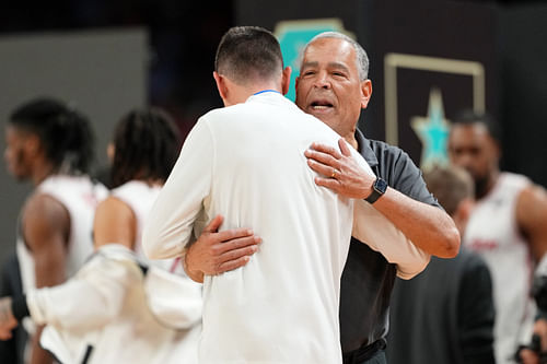 Houston Cougars head coach Kelvin Sampson greets Florida Gators head coach Todd Golden before the national championship game of the Final Four of the 2025 NCAA Tournament at the Alamodome. Photo: Imagn