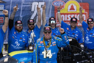 Tony Stewart celebrates with his crew after winning the Four Wide Nationals at The Strip at Las Vegas Motor Speedway, April 13th 2025 - Source: Imagn