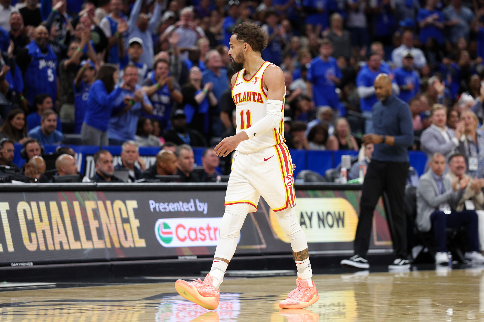 Apr 15, 2025; Orlando, Florida, USA; Atlanta Hawks guard Trae Young (11) reacts after given a technical foul against the Orlando Magic in the fourth quarter at Kia Center. Mandatory Credit: Nathan Ray Seebeck-Imagn Images - Source: Imagn