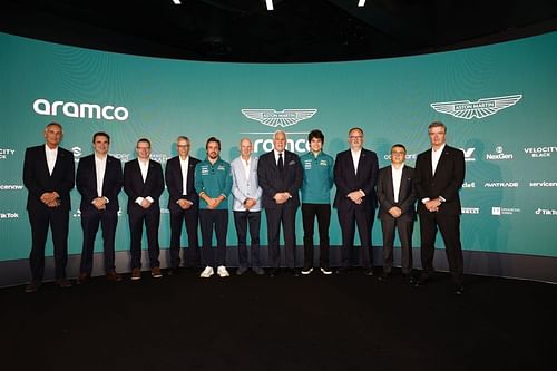 Aston Martin presents new techincal partner, Adrian Newey, at a press conference in Aston Martin Headquarters. Source: Getty