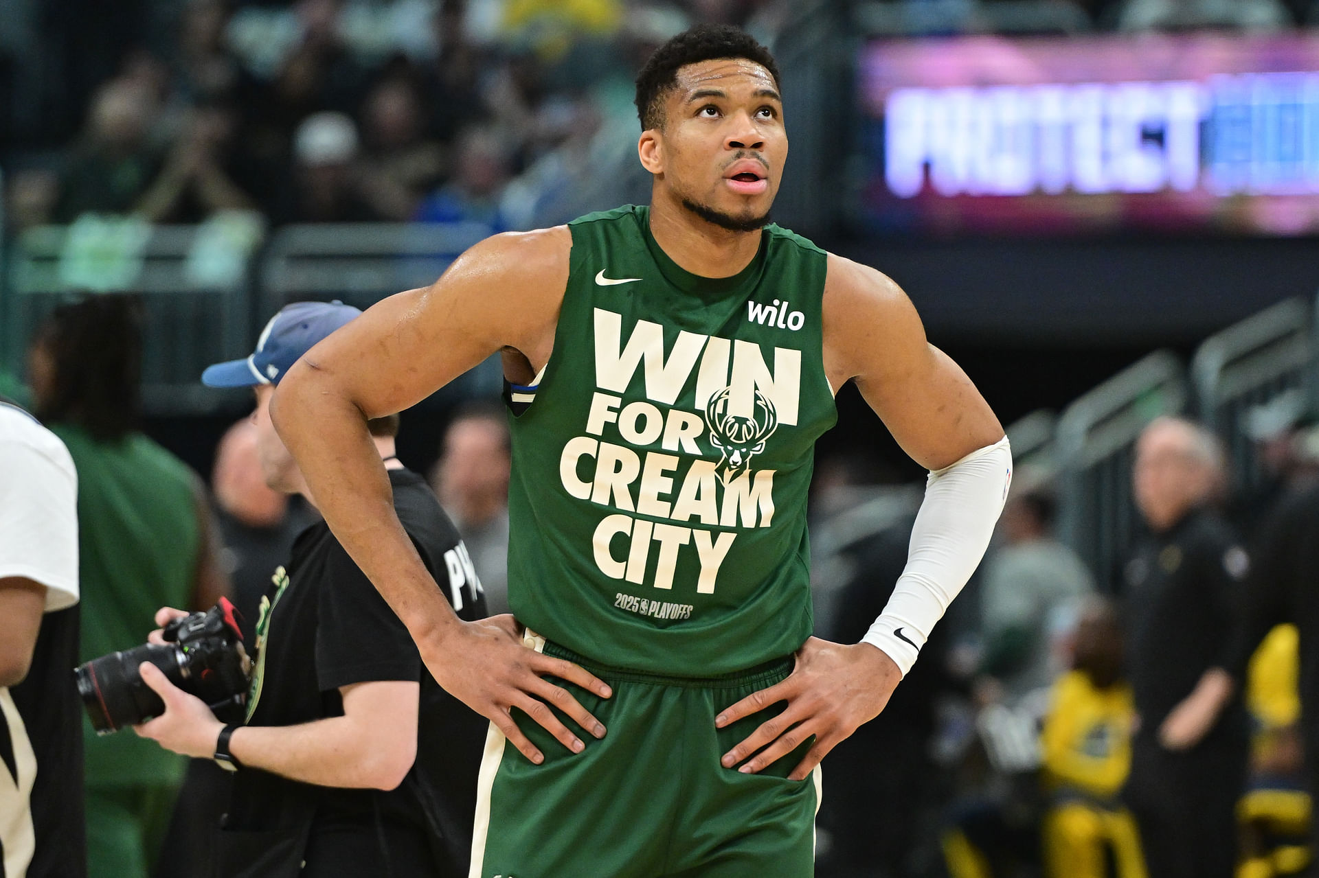 Apr 27, 2025; Milwaukee, Wisconsin, USA; Milwaukee Bucks forward Giannis Antetokounmpo (34) gets ready to play Indiana Pacers during game four of first round for the 2024 NBA Playoffs at Fiserv Forum. Mandatory Credit: Benny Sieu-Imagn Images - Source: Imagn