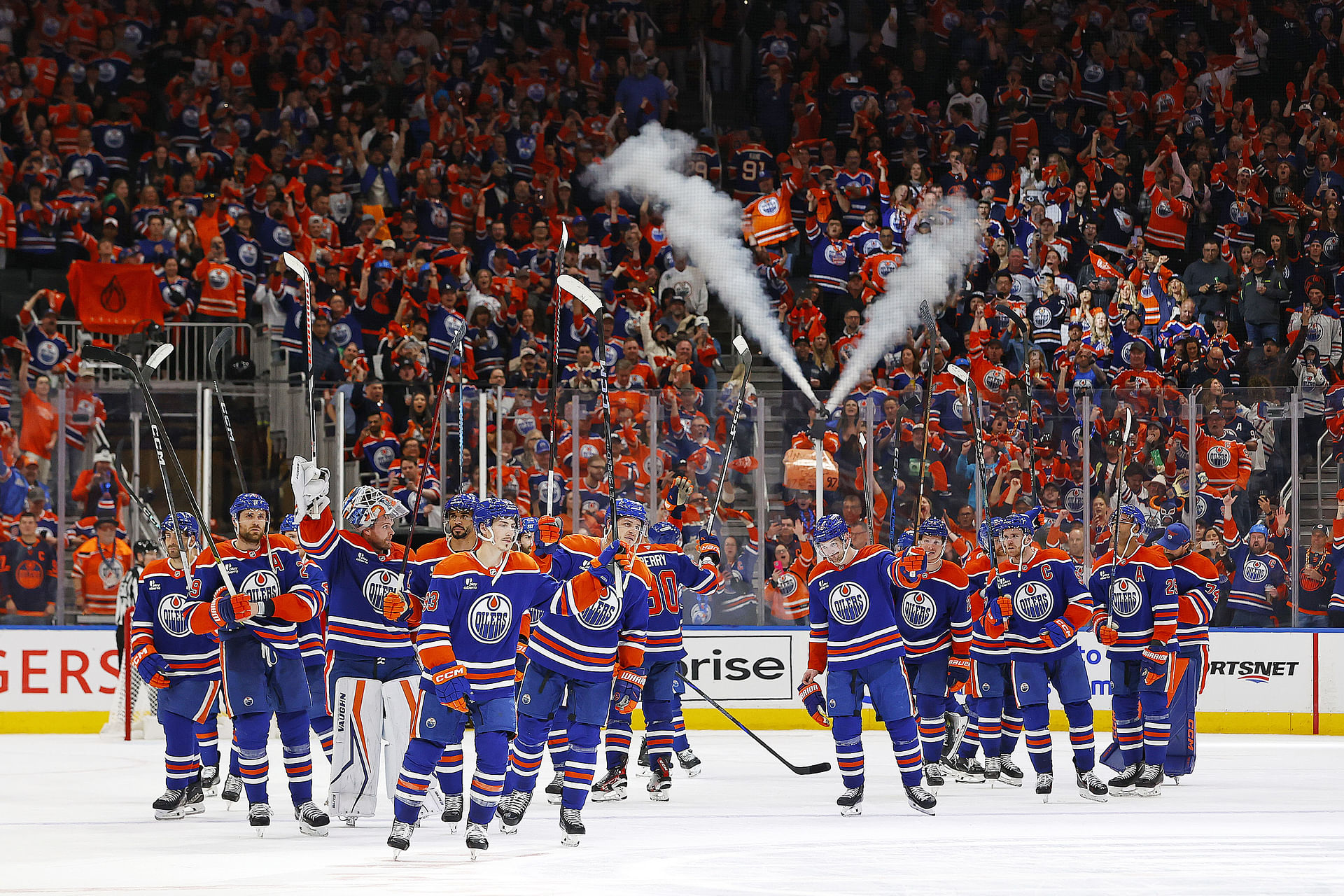 May 1, 2025; Edmonton, Alberta, CAN; The Edmonton Oilers celebrate eliminating the Los Angeles Kings in game six of the first round of the 2025 Stanley Cup Playoffs at Rogers Place. Mandatory Credit: Perry Nelson-Imagn Images - Source: Imagn