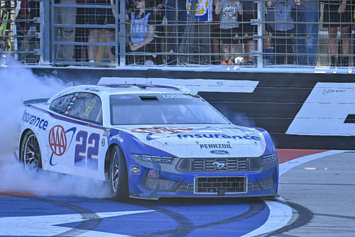 NASCAR Cup Series driver Joey Logano (22) performs a burnout as he celebrates winning the Wurth 400 race at Texas Motor Speedway - Source: Imagn