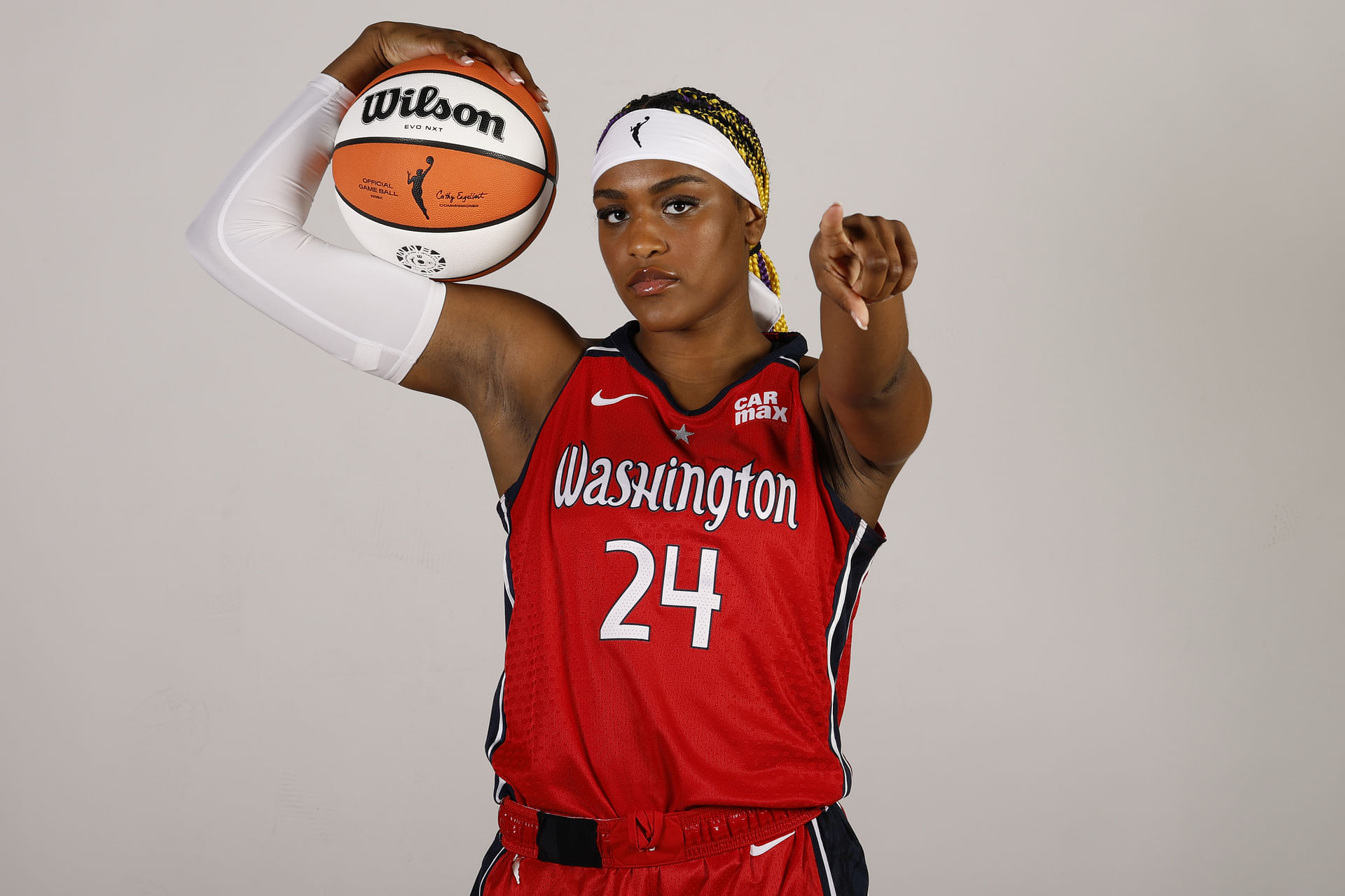 Apr 28, 2025; Washington, DC, USA; Washington Mystics forward Aaliyah Edwards (24) poses for a portrait during Mystics Media Day at CareFirst Arena. Mandatory Credit: Geoff Burke-Imagn Images - Source: Imagn