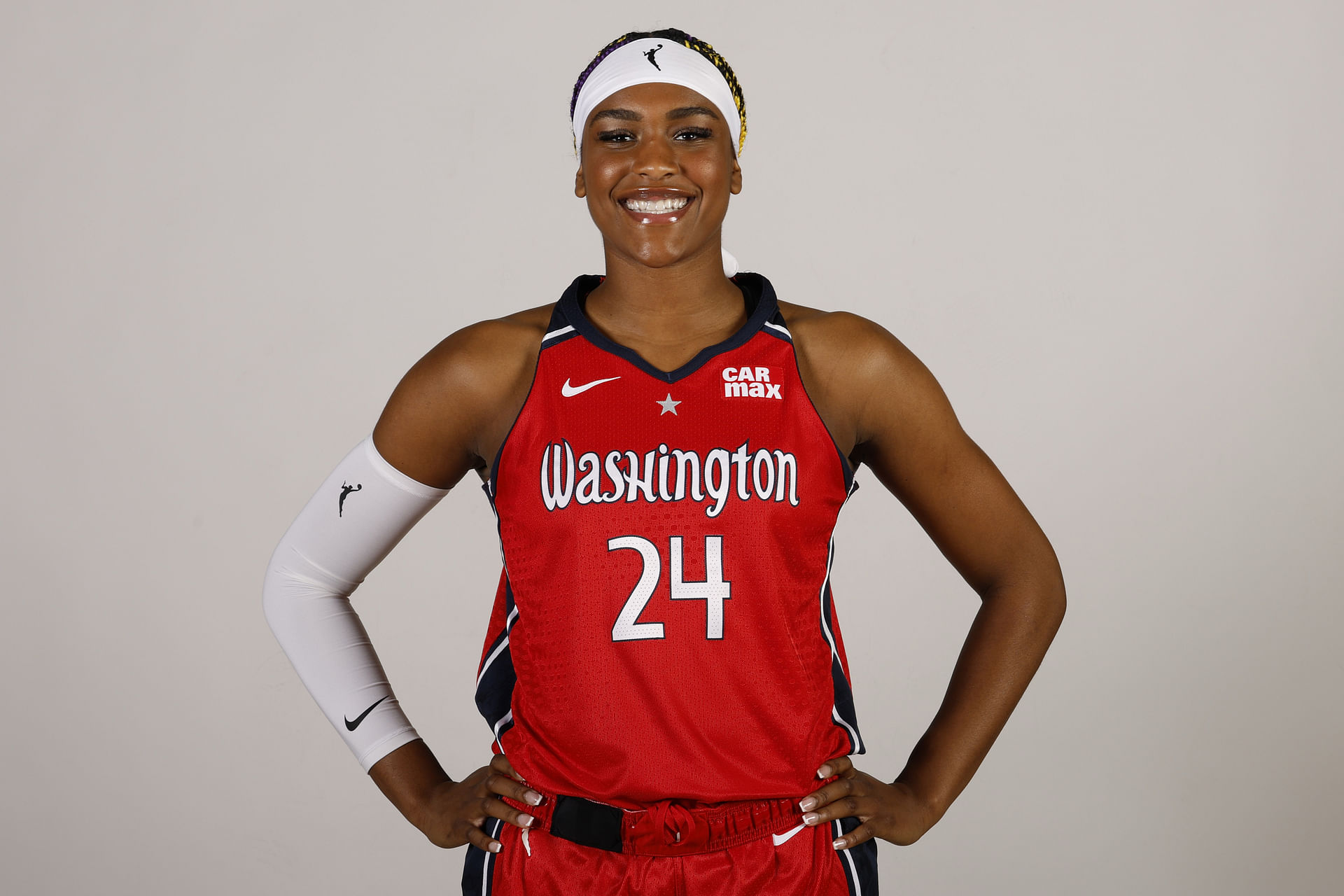 Apr 28, 2025; Washington, DC, USA; Washington Mystics forward Aaliyah Edwards (24) poses for a portrait during Mystics Media Day at CareFirst Arena. Mandatory Credit: Geoff Burke-Imagn Images - Source: Imagn
