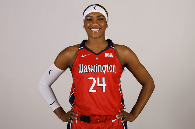 Apr 28, 2025; Washington, DC, USA; Washington Mystics forward Aaliyah Edwards (24) poses for a portrait during Mystics Media Day at CareFirst Arena. Mandatory Credit: Geoff Burke-Imagn Images - Source: Imagn