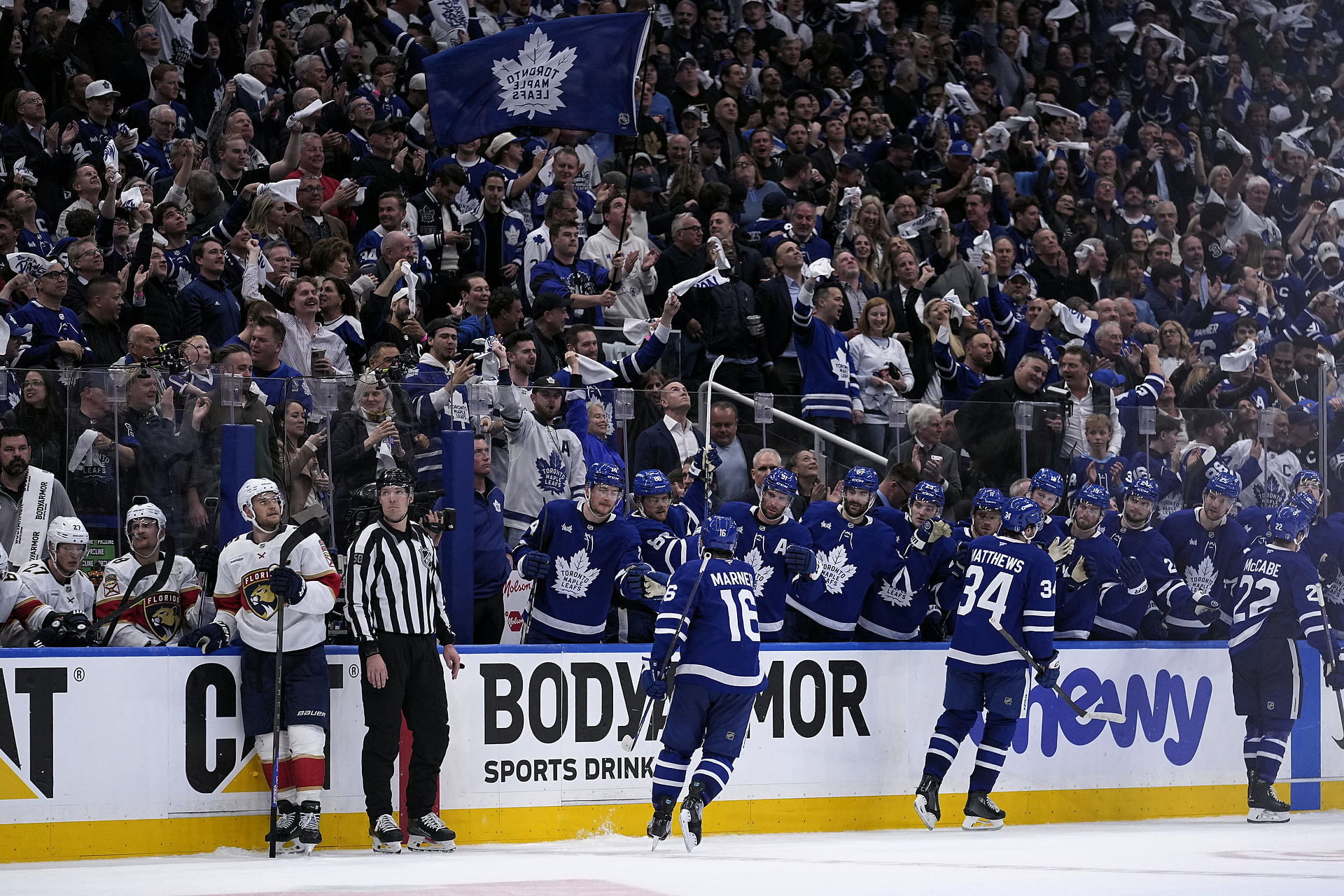 May 5, 2025; Toronto, Ontario, CAN; Toronto Maple Leafs and their fans celebrate a goal by forward Matthew Knies (not pictured) during the third period of the second round of the 2025 Stanley Cup Playoffs against the Florida Panthers at Scotiabank Arena. Mandatory Credit: John E. Sokolowski-Imagn Images - Source: Imagn