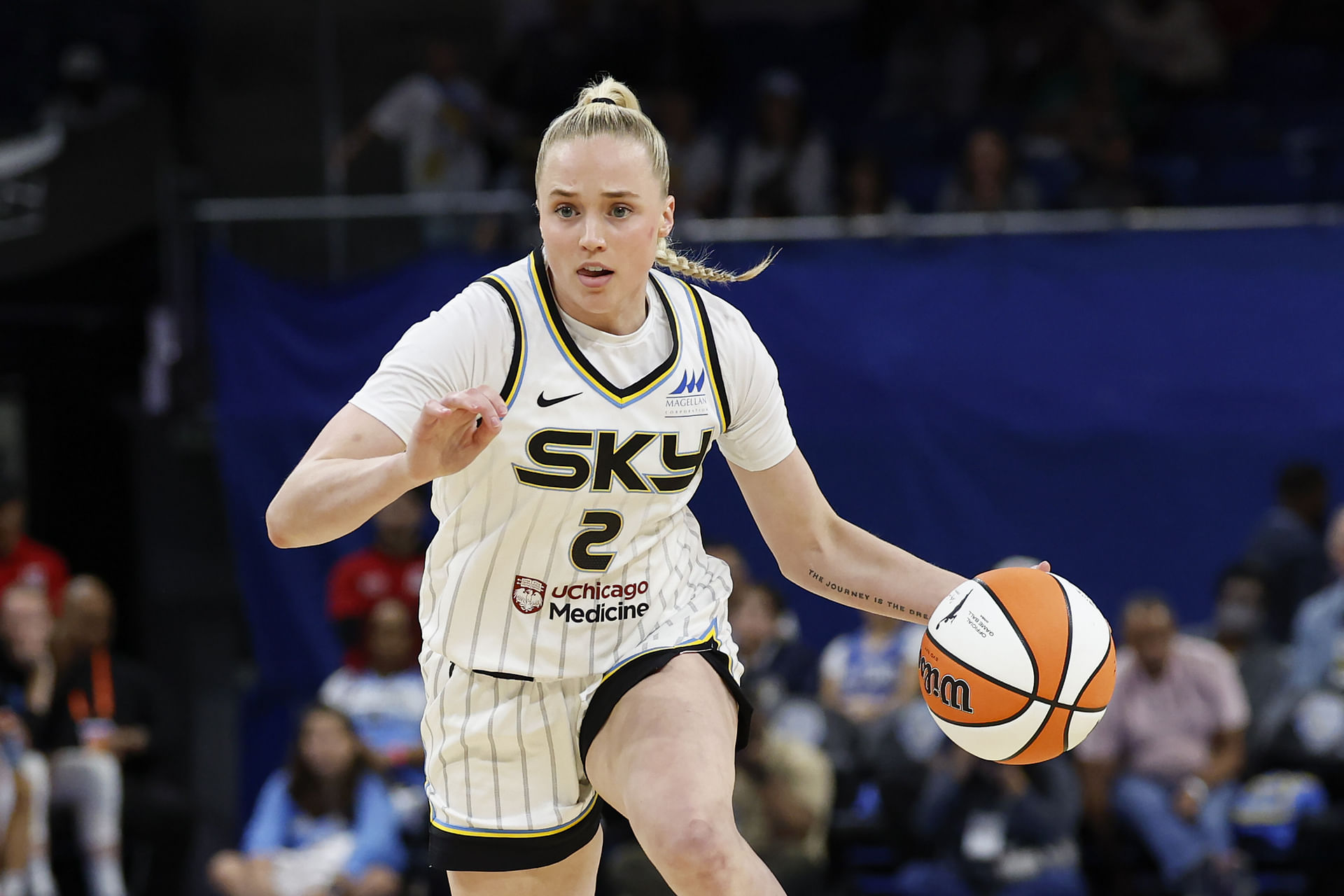 May 6, 2025; Chicago, IL, USA; Chicago Sky guard Hailey Van Lith (2) drives to the basket against the Minnesota Lynx during the second half of a WNBA pre-season game at Wintrust Arena. Mandatory Credit: Kamil Krzaczynski-Imagn Images - Source: Imagn