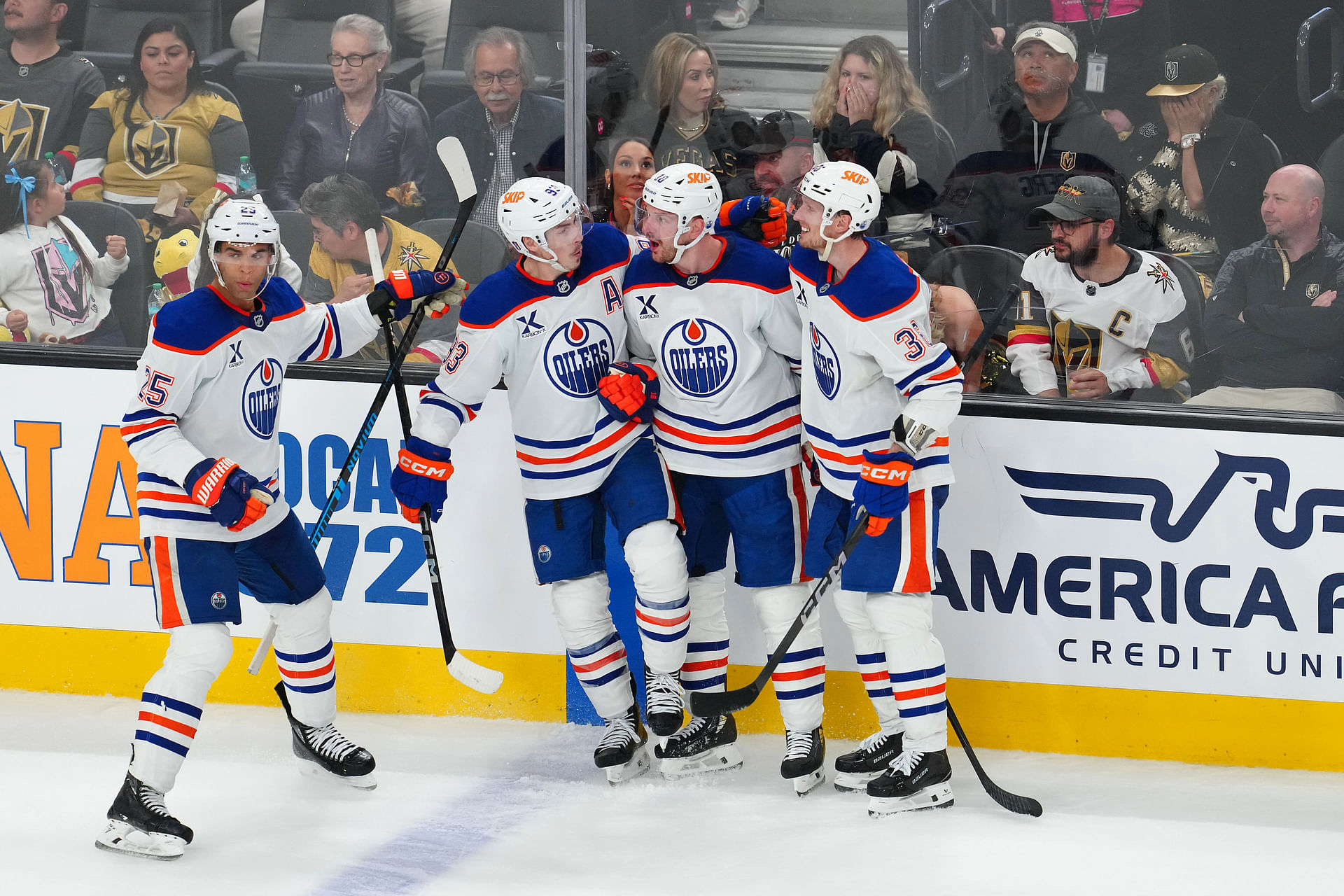 May 6, 2025; Las Vegas, Nevada, USA; Edmonton Oilers left wing Zach Hyman (18) celebrates with team mates after scoring a goal against the Vegas Golden Knights during the third period of game one of the second round of the 2025 Stanley Cup Playoffs at T-Mobile Arena. Mandatory Credit: Stephen R. Sylvanie-Imagn Images - Source: Imagn