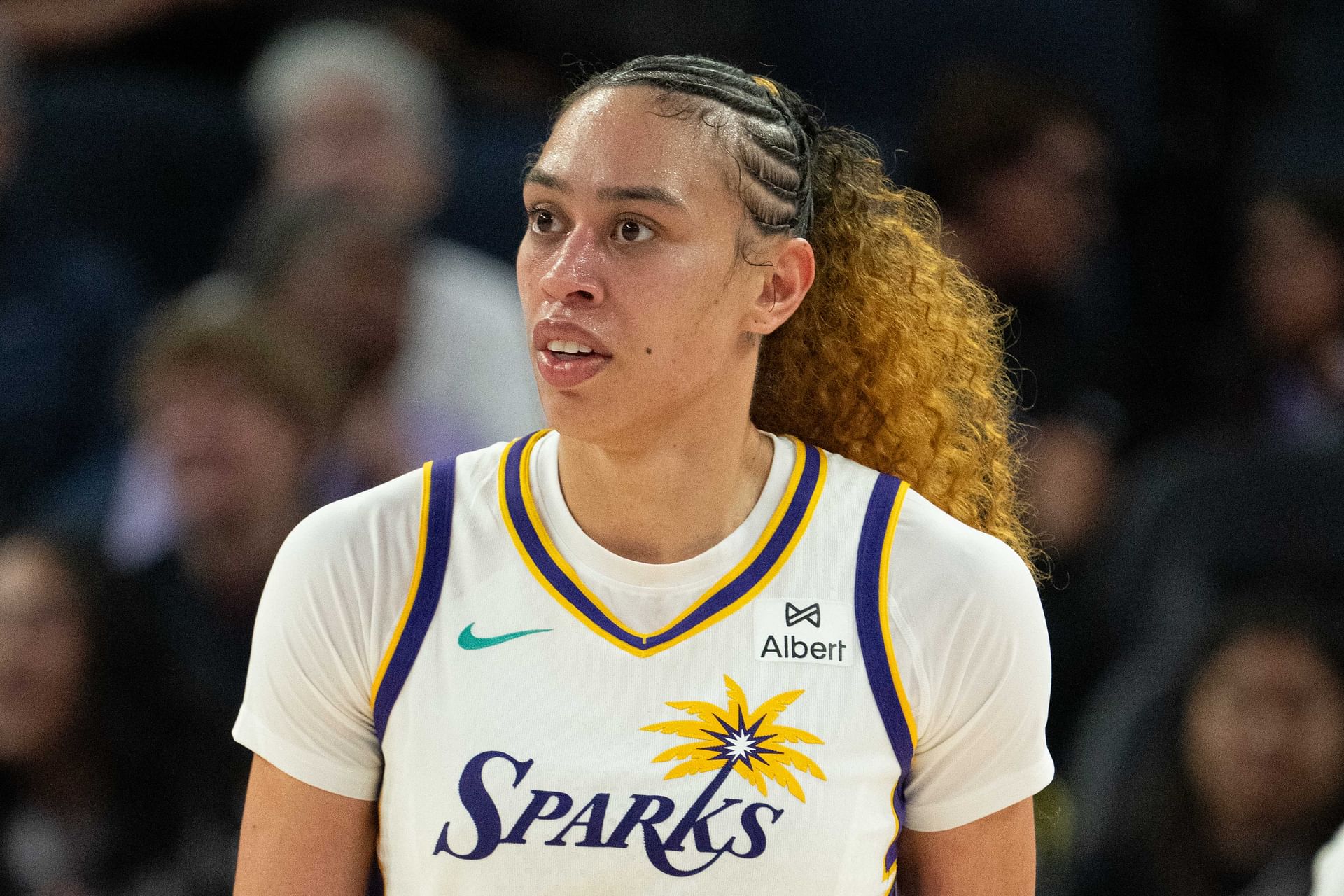 May 6, 2025; San Francisco, CA, USA; Los Angeles Sparks forward Dearica Hamby (5) during the third quarter against the Golden State Valkyries at Chase Center. Mandatory Credit: Kyle Terada-Imagn Images - Source: Imagn